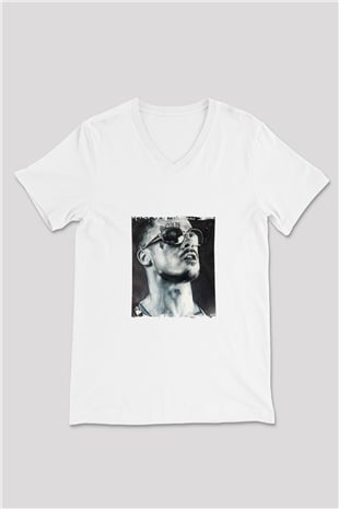 Brad Pitt Baskılı V Yaka Unisex Beyaz Tişört
