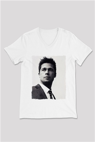 Brad Pitt Beyaz Unisex V Yaka Tişört