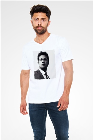 Brad Pitt Beyaz Unisex V Yaka Tişört