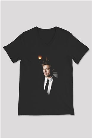 Brad Pitt Siyah Unisex V Yaka Tişört T-Shirt