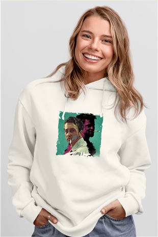 Brad Pitt Unisex Baskılı Beyaz Kapüşonlu Sweatshirt
