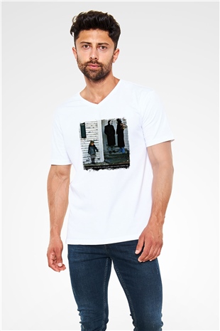 Brand New Baskılı Unisex Beyaz V Yaka Tişört