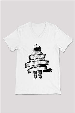 Brand New Beyaz Unisex V Yaka Tişört