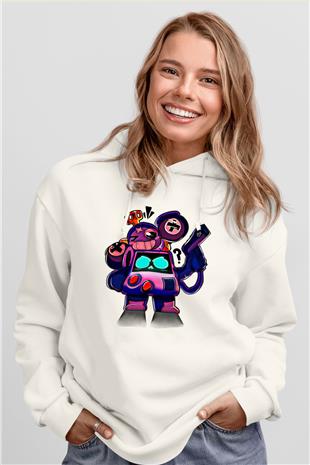 Brawl Stars Baskılı Beyaz Unisex Kapüşonlu Sweatshirt