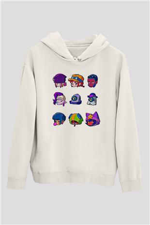 Brawl Stars Baskılı Beyaz Unisex Kapüşonlu Sweatshirt