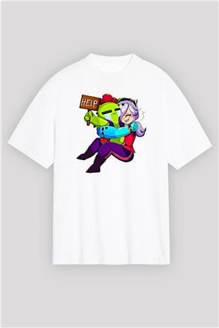 Brawl Stars Baskılı Beyaz Unisex Oversize Tişört - Tshirt