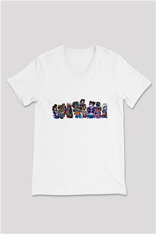 Brawl Stars Baskılı Beyaz Unisex V Yaka Tişört - Tshirt