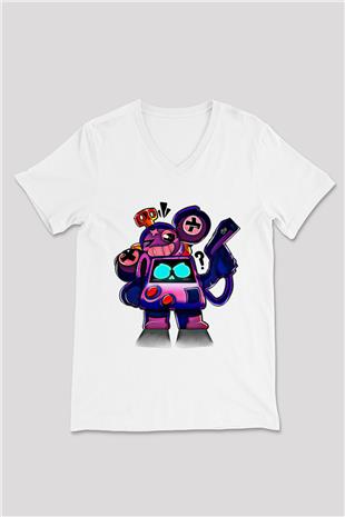 Brawl Stars Baskılı Beyaz Unisex V Yaka Tişört - Tshirt