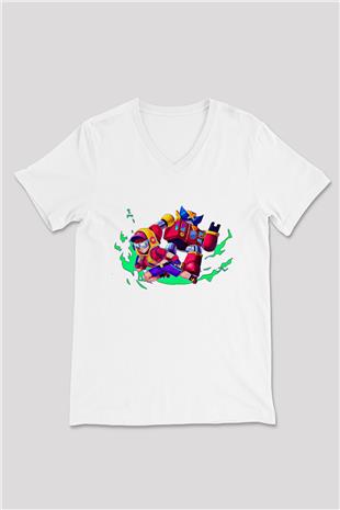 Brawl Stars Baskılı Beyaz Unisex V Yaka Tişört - Tshirt