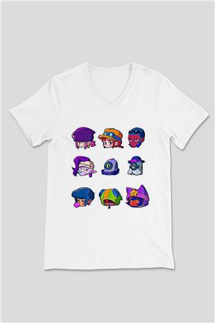 Brawl Stars Baskılı Beyaz Unisex V Yaka Tişört - Tshirt