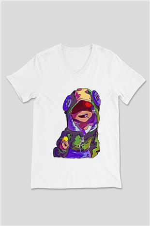Brawl Stars Baskılı Beyaz Unisex V Yaka Tişört - Tshirt
