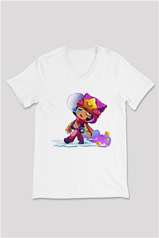 Brawl Stars Baskılı Beyaz Unisex V Yaka Tişört - Tshirt