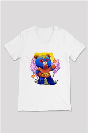 Brawl Stars Baskılı Beyaz Unisex V Yaka Tişört - Tshirt