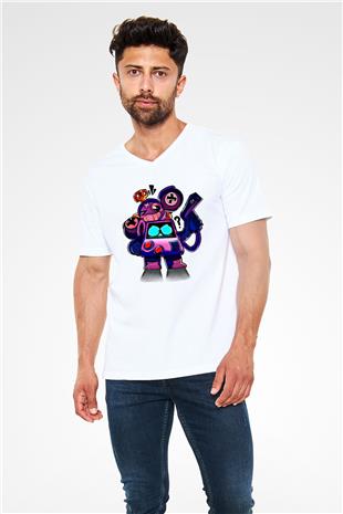 Brawl Stars Baskılı Beyaz Unisex V Yaka Tişört - Tshirt
