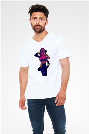 Brawl Stars Baskılı Beyaz Unisex V Yaka Tişört - Tshirt