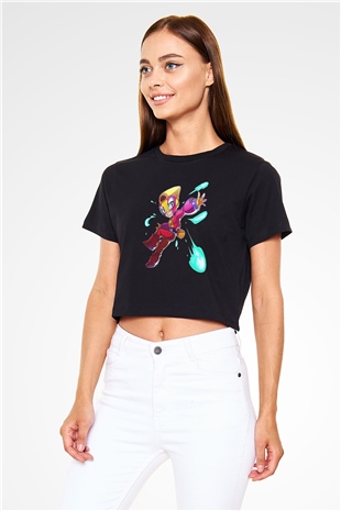 Brawl Stars Baskılı Siyah Crop Top Kadın Tişört - Tshirt