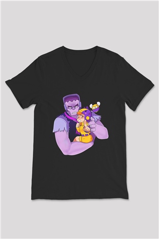 Brawl Stars Baskılı Unisex Siyah V Yaka Tişört - Tshirt