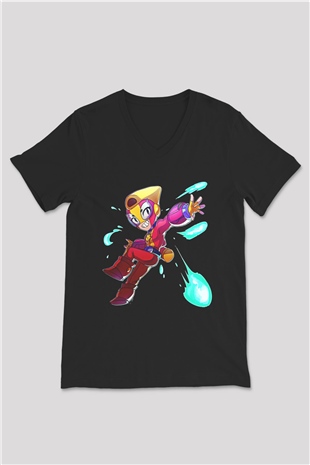 Brawl Stars Baskılı Unisex Siyah V Yaka Tişört - Tshirt