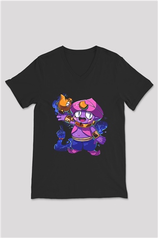 Brawl Stars Baskılı Unisex Siyah V Yaka Tişört - Tshirt