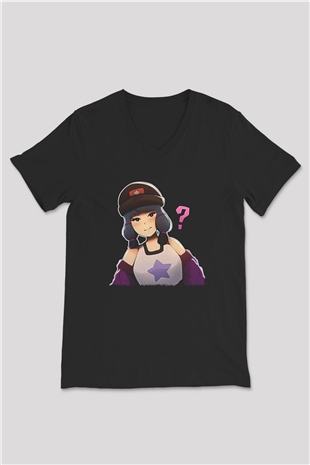 Brawl Stars Baskılı Unisex Siyah V Yaka Tişört - Tshirt