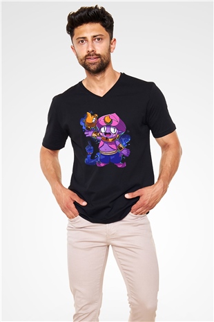 Brawl Stars Baskılı Unisex Siyah V Yaka Tişört - Tshirt