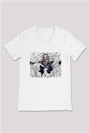 Bray Wyatt Baskılı Beyaz Unisex V Yaka Tişört - Tshirt