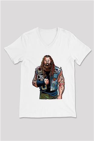 Bray Wyatt Baskılı Beyaz Unisex V Yaka Tişört - Tshirt