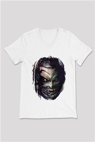 Bray Wyatt Baskılı Beyaz Unisex V Yaka Tişört - Tshirt