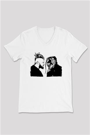 Bray Wyatt Baskılı Beyaz Unisex V Yaka Tişört - Tshirt