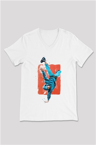 Breakdans Beyaz Unisex V Yaka Tişört