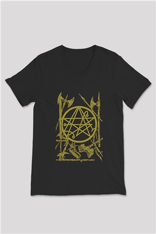 Brenda Marin Wartime Baskılı Unisex Siyah V Yaka Tişört - Tshirt