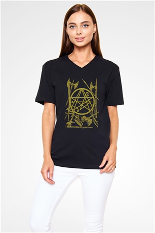 Brenda Marin Wartime Baskılı Unisex Siyah V Yaka Tişört - Tshirt