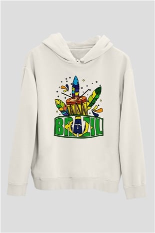 Brezilya Beyaz Unisex Kapşonlu Sweatshirt