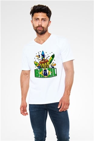 Brezilya Beyaz Unisex V Yaka Tişört T-Shirt
