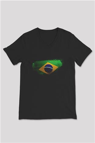 Brezilya - Brazil Bayrağı Baskılı Unisex Siyah V Yaka Tişört