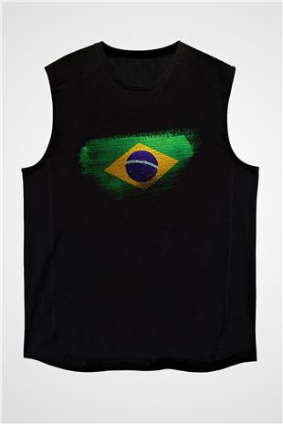 Brezilya - Brazil Bayrağı Baskılı Unisex Siyah Kolsuz Tişört