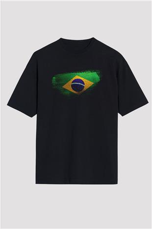 Brezilya - Brazil Bayrağı Baskılı Unisex Siyah Oversize Tişört