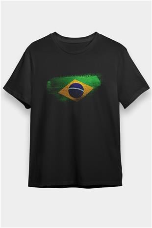 Brezilya - Brazil Bayrağı Baskılı Unisex Siyah Tişört