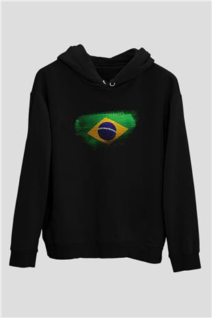 Brezilya - Brazil Bayrağı Baskılı Unisex Siyah Hoodie