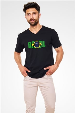 Brezilya Siyah Unisex V Yaka Tişört T-Shirt