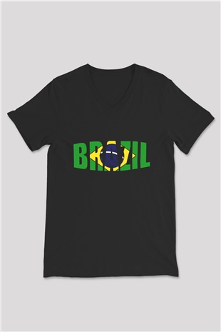 Brezilya Siyah Unisex V Yaka Tişört T-Shirt