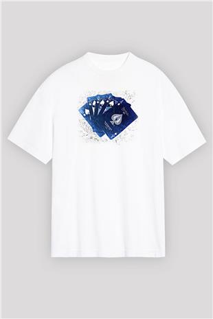 Briç Baskılı Unisex Beyaz Oversize Tişört - Tshirt