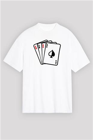 Briç Baskılı Unisex Beyaz Oversize Tişört - Tshirt