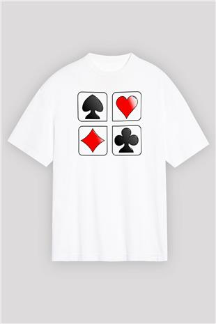 Briç Baskılı Unisex Beyaz Oversize Tişört - Tshirt