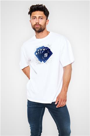 Briç Baskılı Unisex Beyaz Oversize Tişört - Tshirt