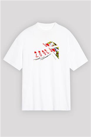 Briç Baskılı Unisex Beyaz Oversize Tişört - Tshirt
