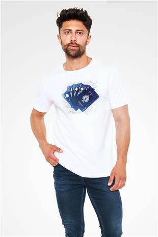 Briç Baskılı Unisex Beyaz Tişört - Tshirt