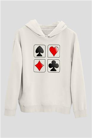 Briç Baskılı Unisex Ekru Hoodie