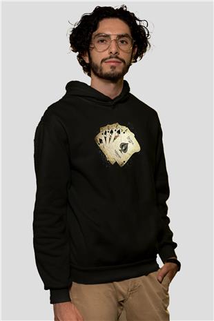Briç Baskılı Unisex Siyah Hoodie