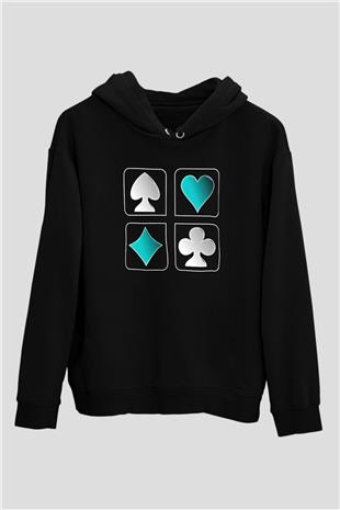 Briç Baskılı Unisex Siyah Hoodie
